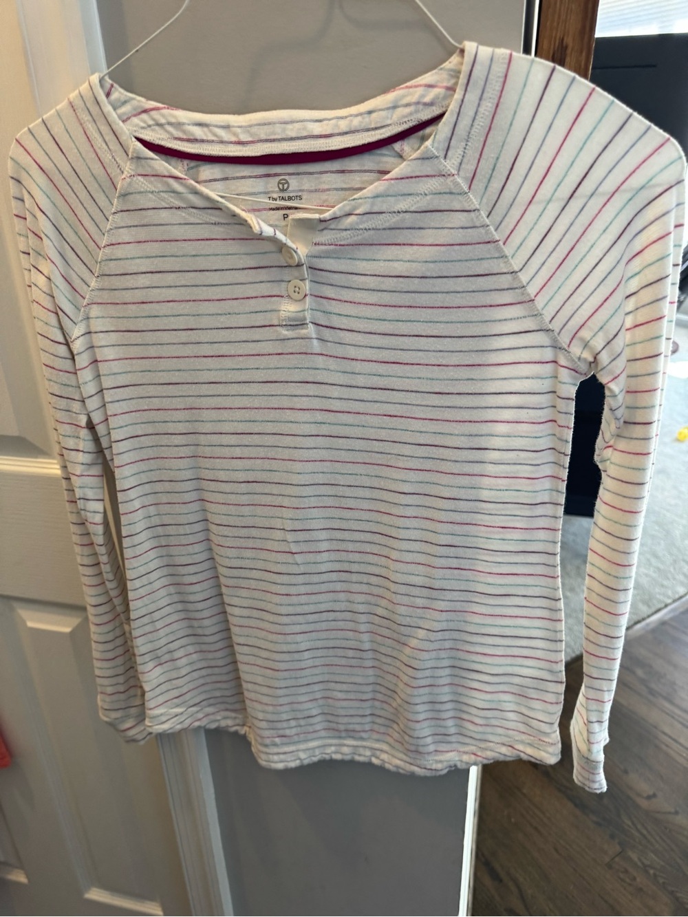 Talbots petite White Long-Sleeve Henley with Multi-Color Stripes